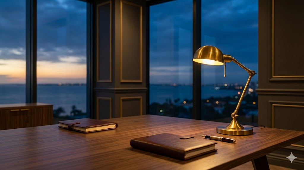 Sala de reuniones de Provinet en Maracaibo, atardecer sobre el lago de Maracaibo al fondo